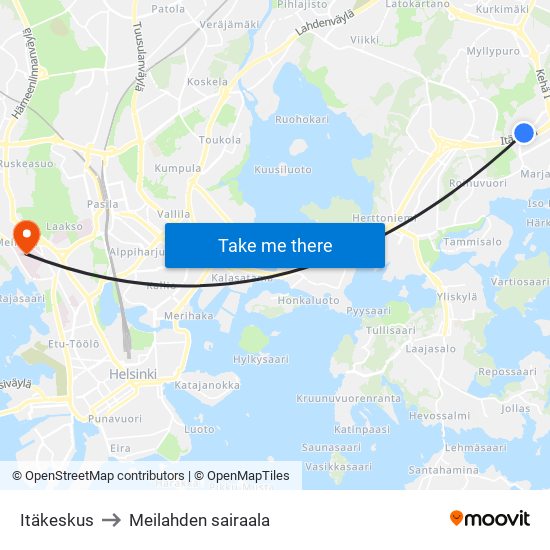 Itäkeskus to Meilahden sairaala map