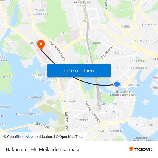 Hakaniemi to Meilahden sairaala map