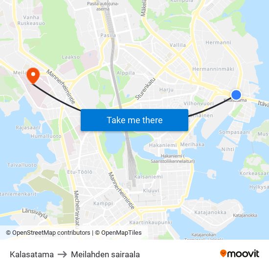 Kalasatama to Meilahden sairaala map