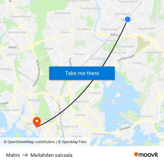 Malmi to Meilahden sairaala map