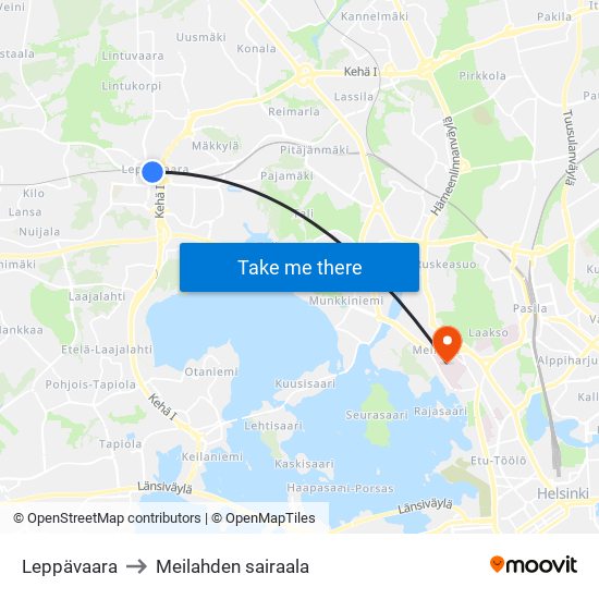 Leppävaara to Meilahden sairaala map