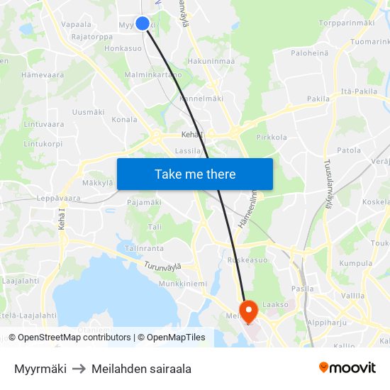 Myyrmäki to Meilahden sairaala map