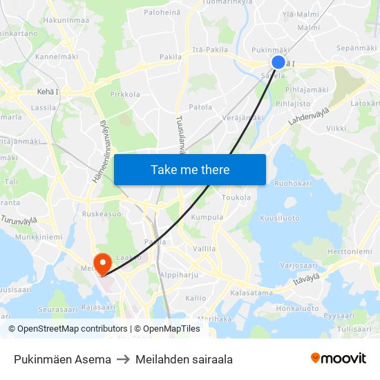 Pukinmäen Asema to Meilahden sairaala map