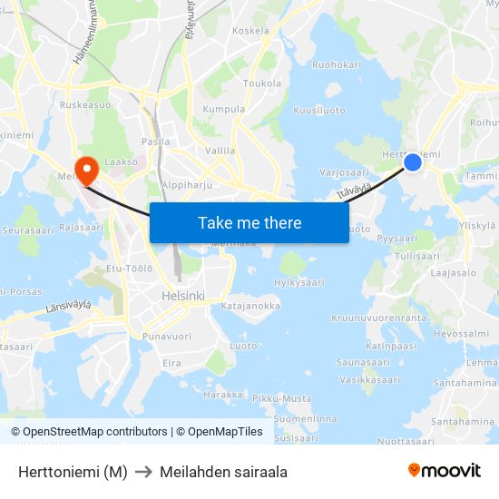 Herttoniemi (M) to Meilahden sairaala map