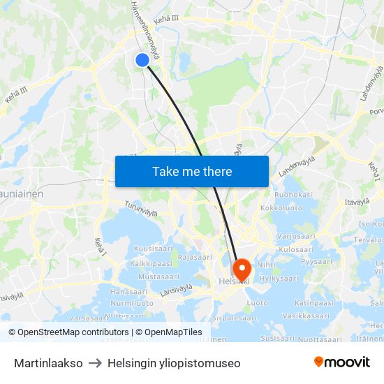 Martinlaakso to Helsingin yliopistomuseo map