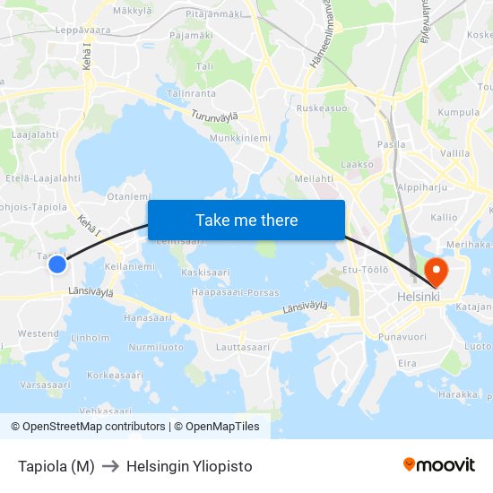 Tapiola (M) to Helsingin Yliopisto map