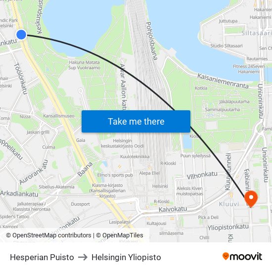 Hesperian Puisto to Helsingin Yliopisto map