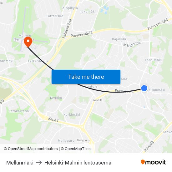 Mellunmäki to Helsinki-Malmin lentoasema map
