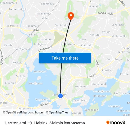 Herttoniemi to Helsinki-Malmin lentoasema map