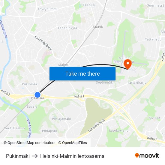 Pukinmäki to Helsinki-Malmin lentoasema map
