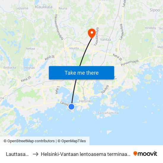Lauttasaari to Helsinki-Vantaan lentoasema terminaali 1 map