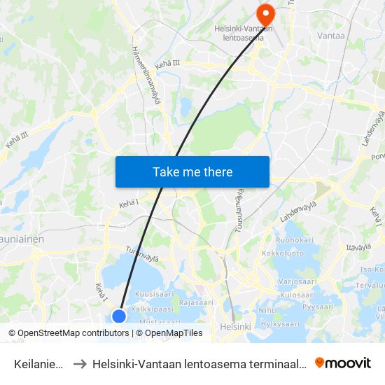 Keilaniemi to Helsinki-Vantaan lentoasema terminaali 1 map