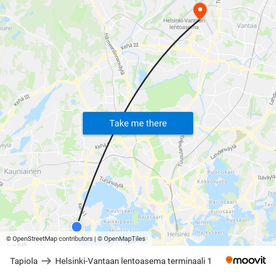 Tapiola to Helsinki-Vantaan lentoasema terminaali 1 map