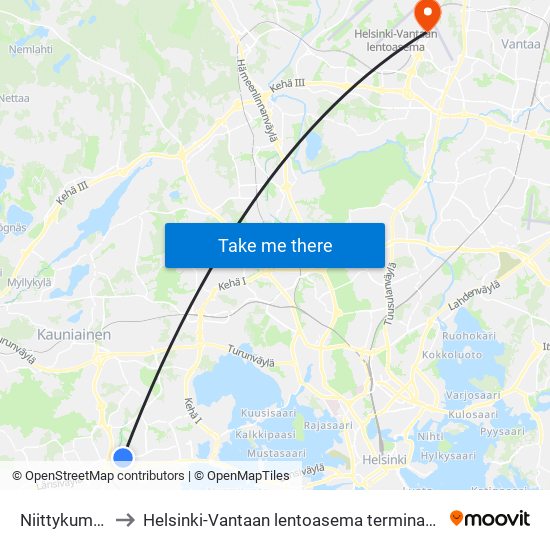 Niittykumpu to Helsinki-Vantaan lentoasema terminaali 1 map
