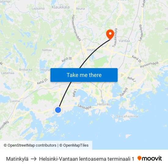 Matinkylä to Helsinki-Vantaan lentoasema terminaali 1 map