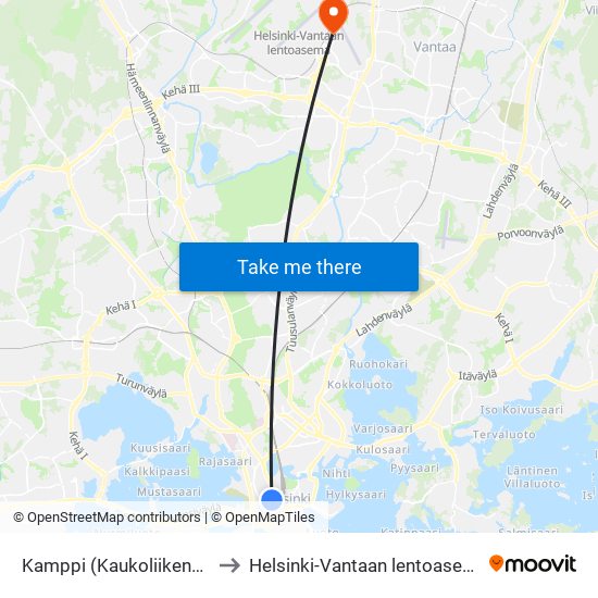 Kamppi (Kaukoliikenneterminaali) to Helsinki-Vantaan lentoasema terminaali 1 map