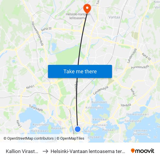 Kallion Virastotalo to Helsinki-Vantaan lentoasema terminaali 1 map