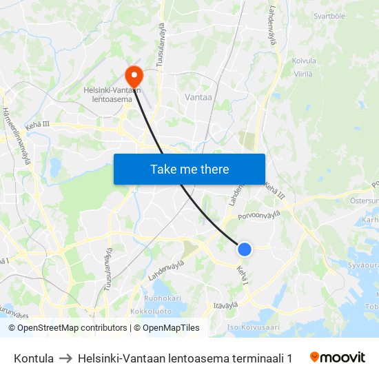 Kontula to Helsinki-Vantaan lentoasema terminaali 1 map