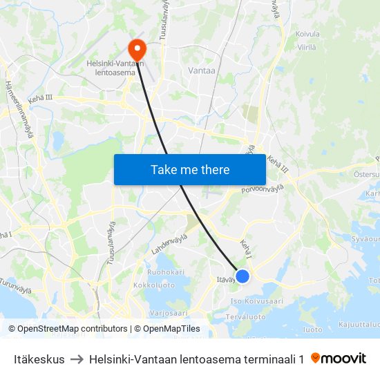 Itäkeskus to Helsinki-Vantaan lentoasema terminaali 1 map