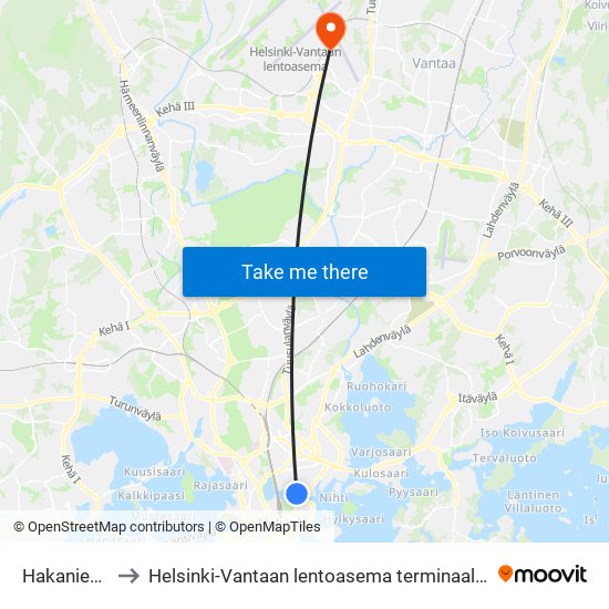 Hakaniemi to Helsinki-Vantaan lentoasema terminaali 1 map