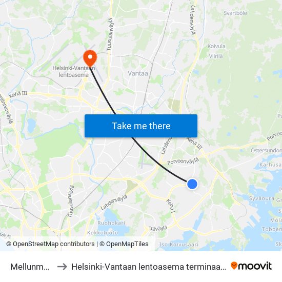 Mellunmäki to Helsinki-Vantaan lentoasema terminaali 1 map