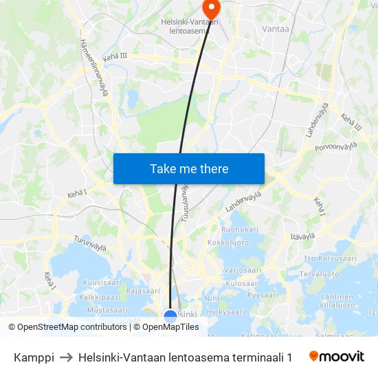 Kamppi to Helsinki-Vantaan lentoasema terminaali 1 map