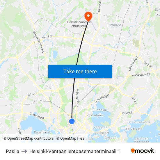 Pasila to Helsinki-Vantaan lentoasema terminaali 1 map