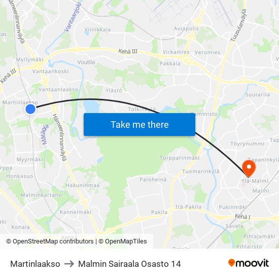 Martinlaakso to Malmin Sairaala Osasto 14 map