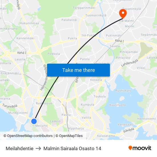 Meilahdentie to Malmin Sairaala Osasto 14 map