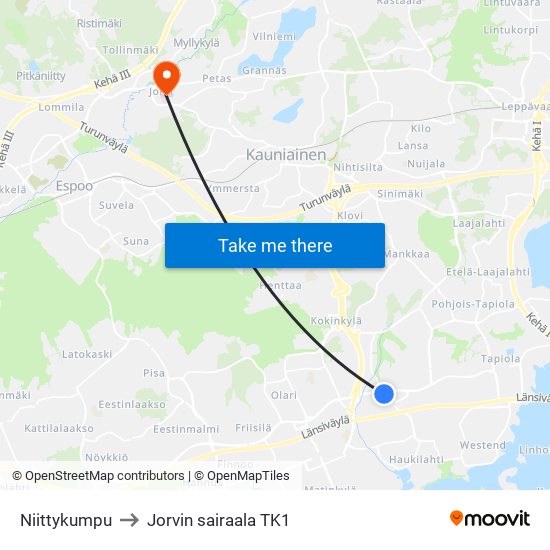 Niittykumpu to Jorvin sairaala TK1 map