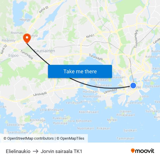 Elielinaukio to Jorvin sairaala TK1 map