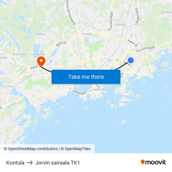 Kontula to Jorvin sairaala TK1 map