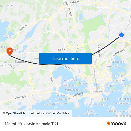 Malmi to Jorvin sairaala TK1 map