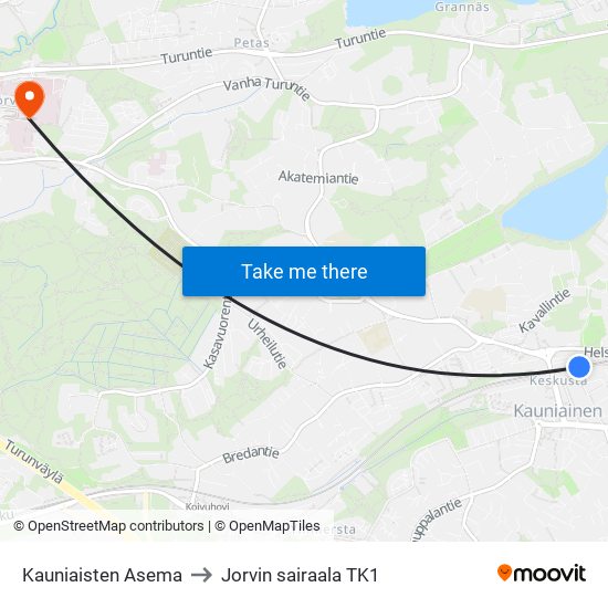 Kauniaisten Asema to Jorvin sairaala TK1 map