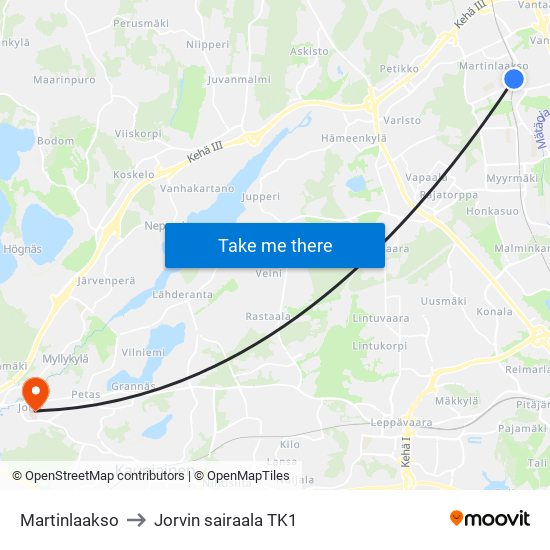 Martinlaakso to Jorvin sairaala TK1 map