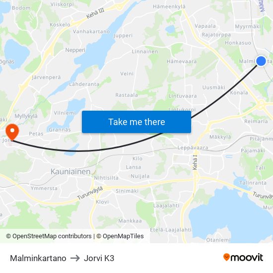 Malminkartano to Jorvi K3 map