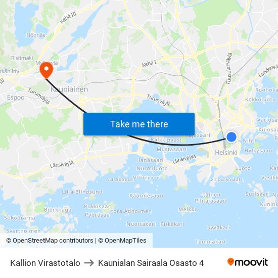 Kallion Virastotalo to Kaunialan Sairaala Osasto 4 map