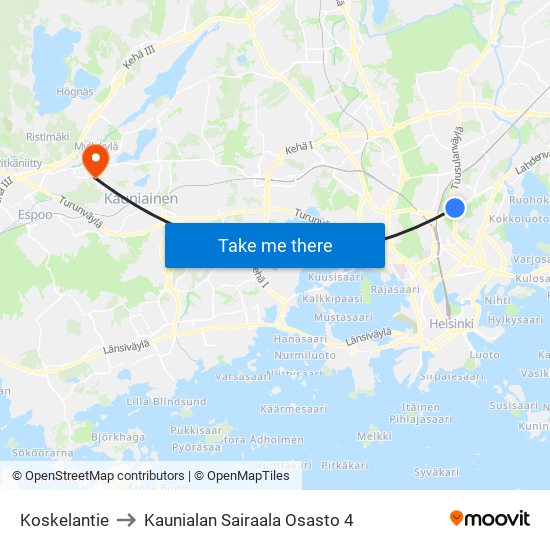 Koskelantie to Kaunialan Sairaala Osasto 4 map