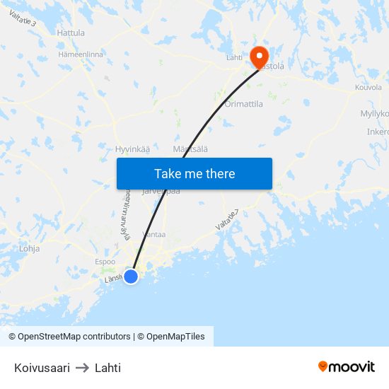 Koivusaari to Lahti map