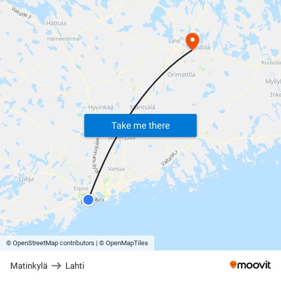 Matinkylä to Lahti map