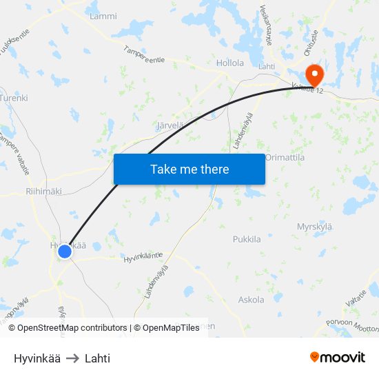 Hyvinkää to Lahti map