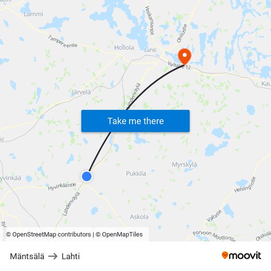 Mäntsälä to Lahti map