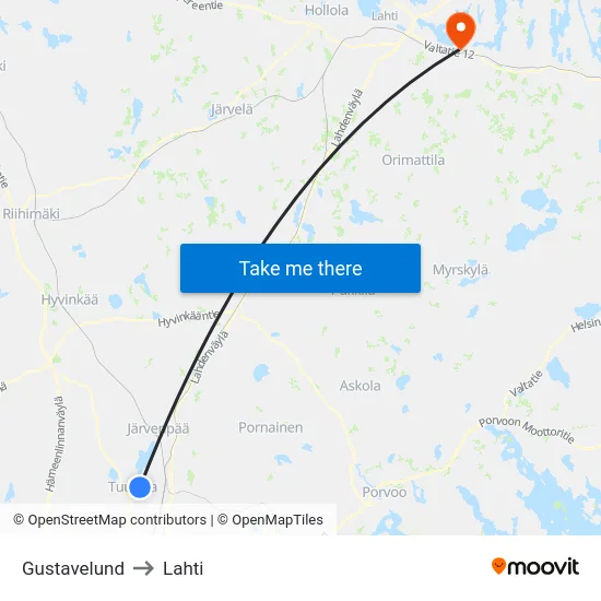 Gustavelund to Lahti map