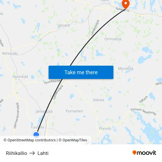 Riihikallio to Lahti map