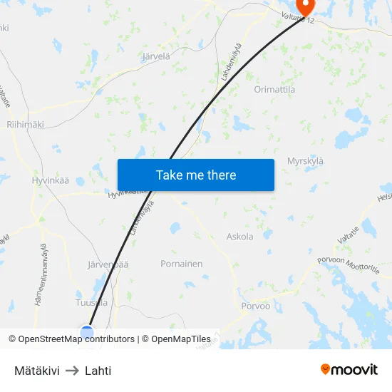 Mätäkivi to Lahti map