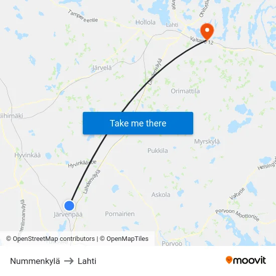Nummenkylä to Lahti map