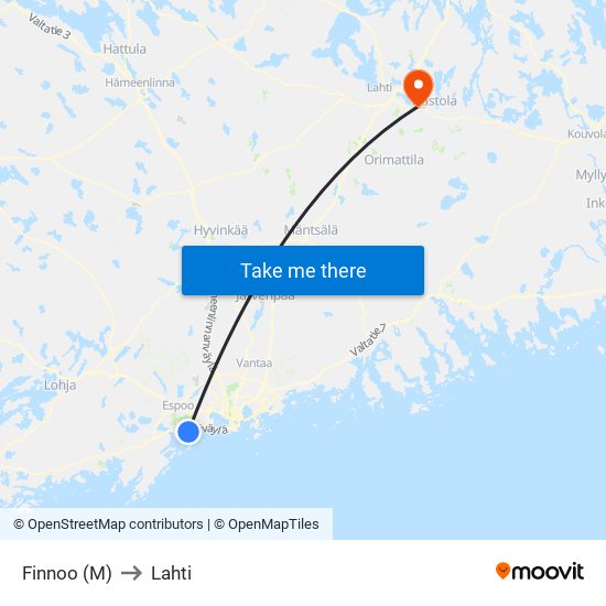 Finnoo (M) to Lahti map