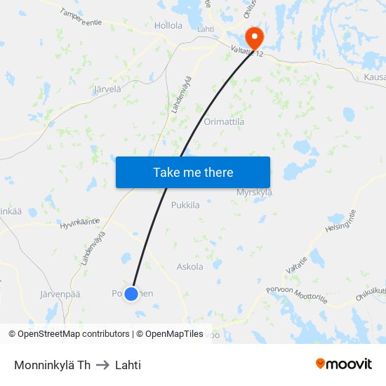 Monninkylä Th to Lahti map