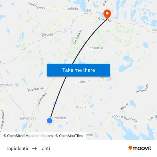 Tapiolantie to Lahti map