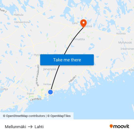 Mellunmäki to Lahti map